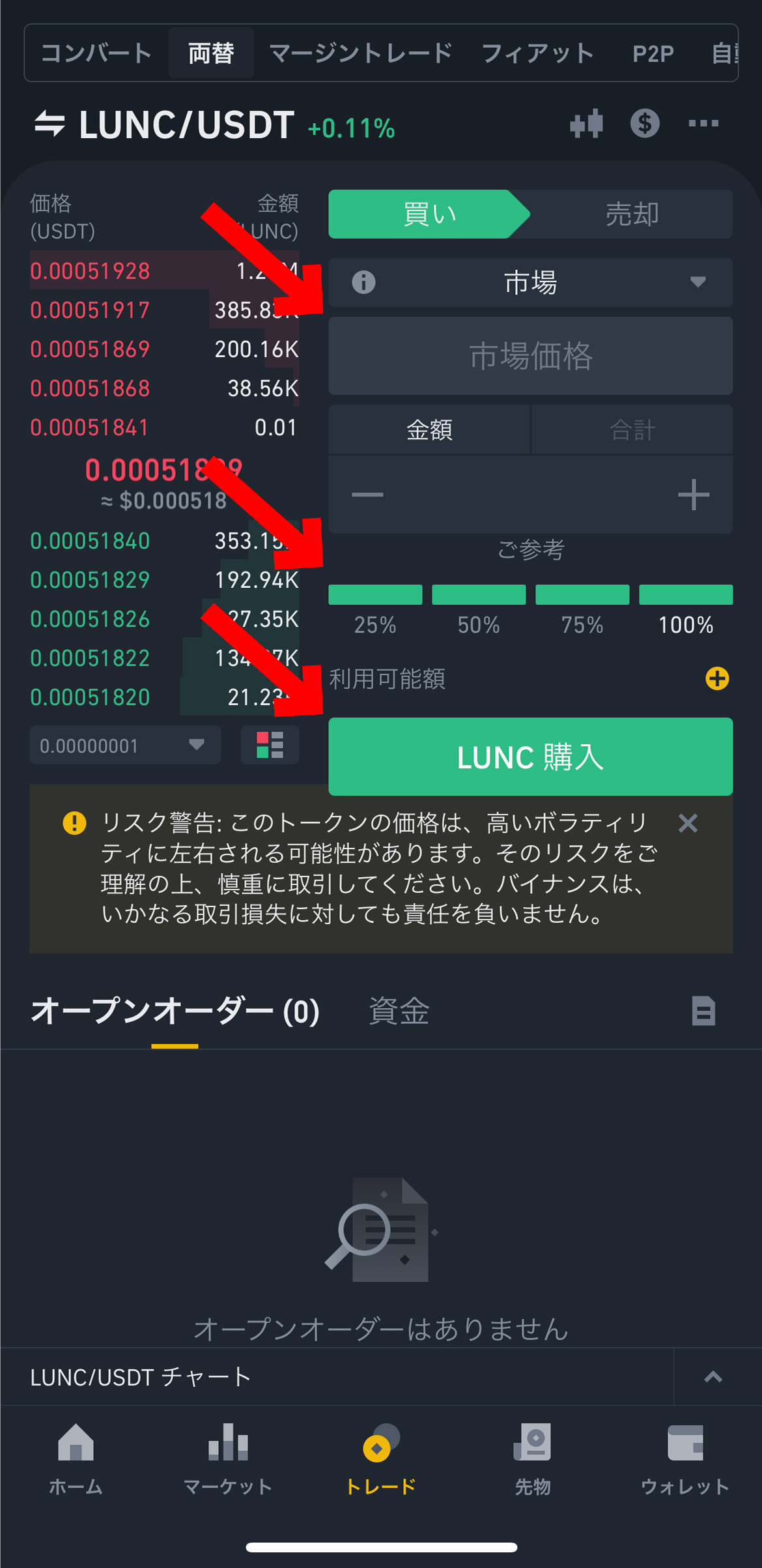 BINANCEの登録方法から仮想通貨購入まで【スマホで簡単】LUNC 購入をクリックします。