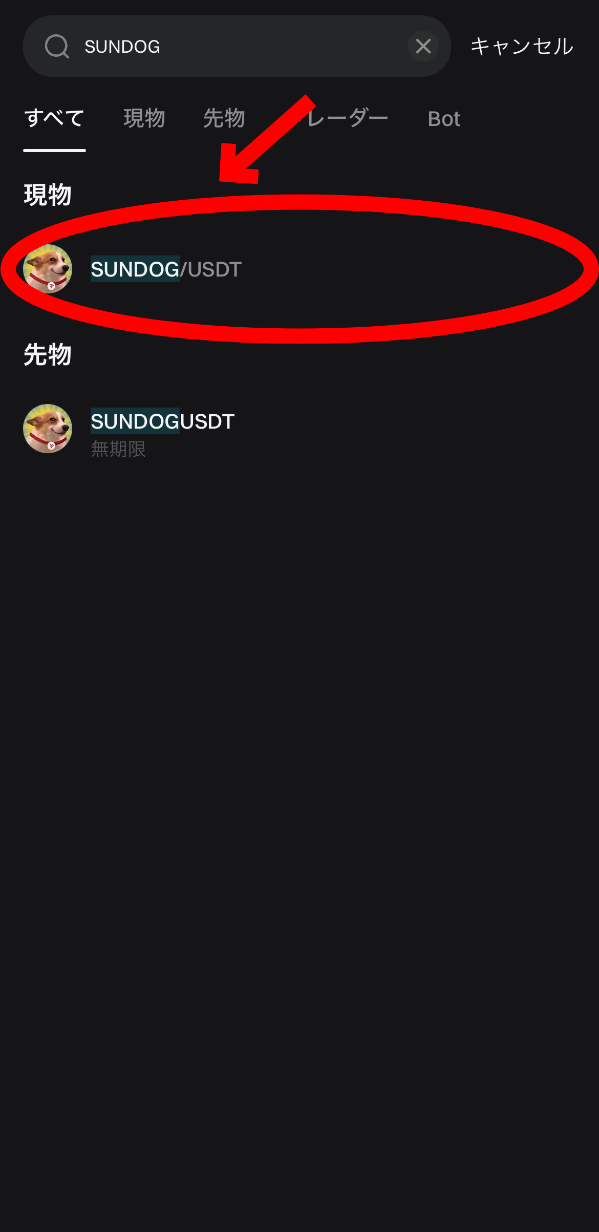 【動画あり】仮想通貨 SUNDOGの買い方、レバレッジ方法【Bitget】【ビットゲット】【取引所】【先物】【暗号資産】【超初心者向け】SUNDOG/USDT（現物）を選択します