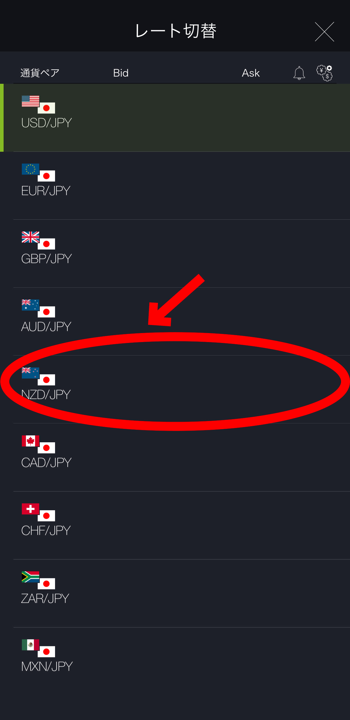 【動画あり】NZドル円の取引方法【ニュージーランドドル円】【キウイ円】【初心者向け】【スマホで簡単】【始め方】【DMM FX】注文する通貨を選択します
