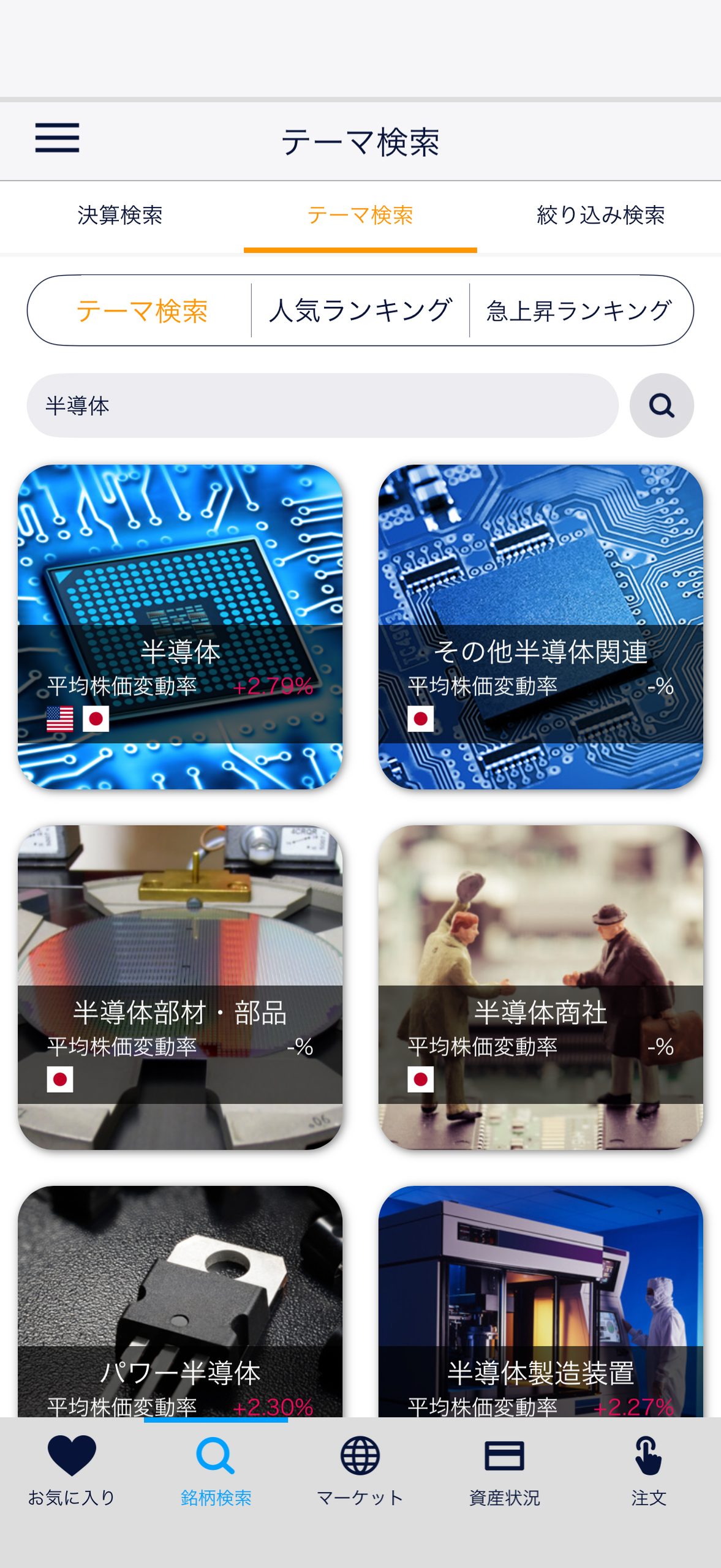 【スマホで簡単】半導体株の買い方・売り方｜DMM株で始める株投資【始め方】【おすすめ】 #株 #投資 #お金 #NISA #ニーサテーマ検索から半導体株を選択します